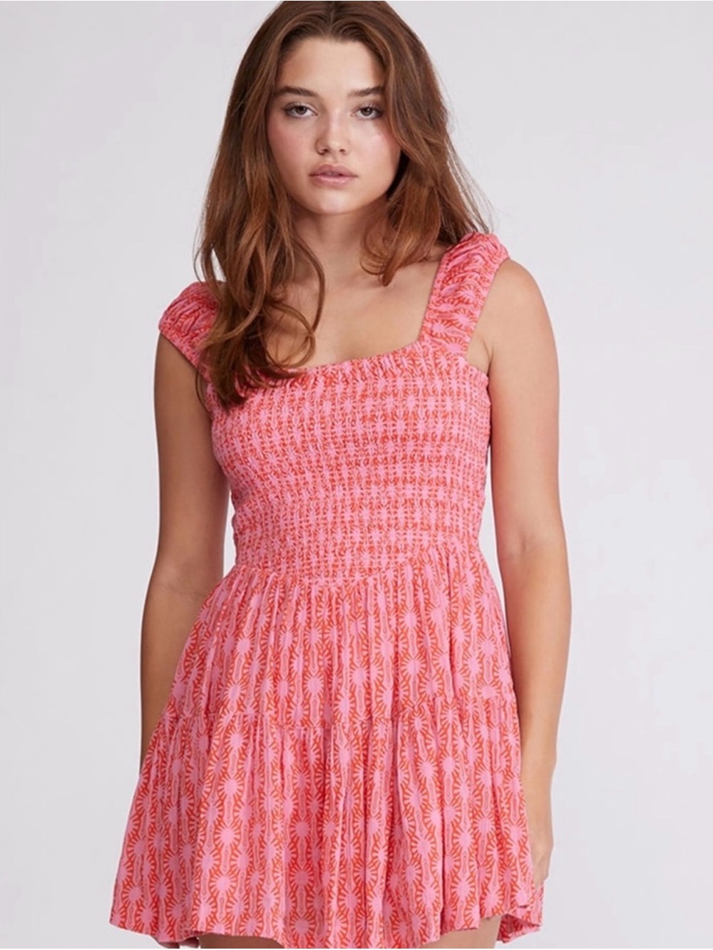 Free People Coral Pink Smocked Tiered Mini Dress